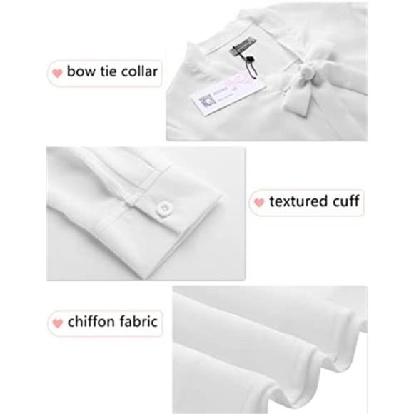 Chiffon Blouses for Women Dressy Bow Tie Neck Long Sleeve Work Shirt Formal - Picture 3 of 6